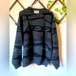 Vintage Fiji Grandpa Sweater Mens Medium Graphic 80s 90s Wool Blend Dad